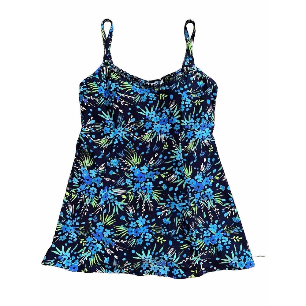 Gabar Swim Ruffle Dress Swimsuit Blue Green & Black Floral Print Size 10